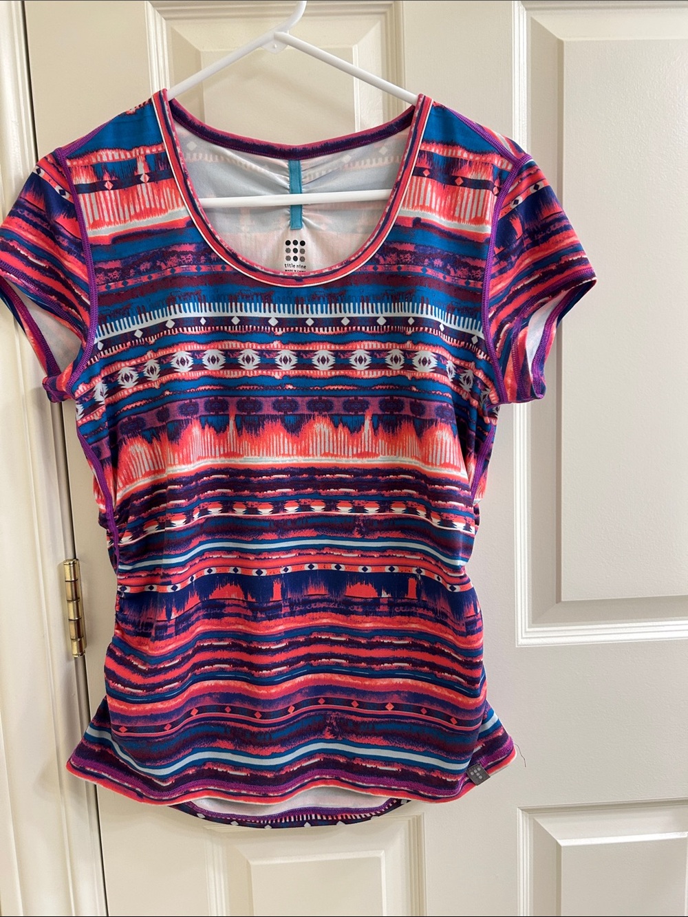 Title Nine Short-Sleeve Active Top in Pink, Blue & Purple Stripe Print